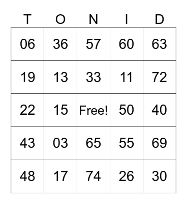 Toni's Birthday Bingo Card