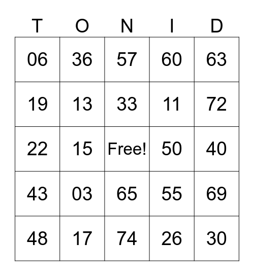 Toni's Birthday Bingo Card