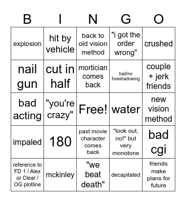Final Destination bingo Card