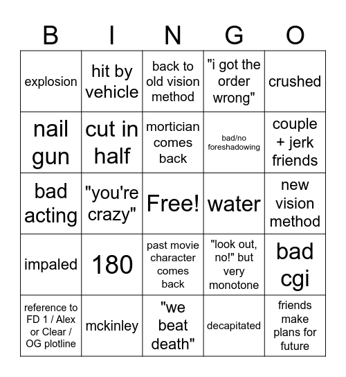 Final Destination bingo Card