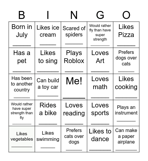 Get to know you Bingo - Gr 3 Bingo Card