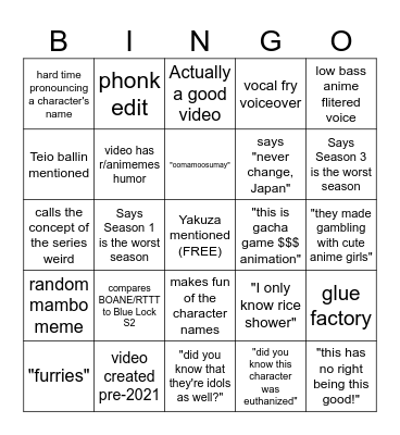 Umamusume Coal Videos BINGO Card