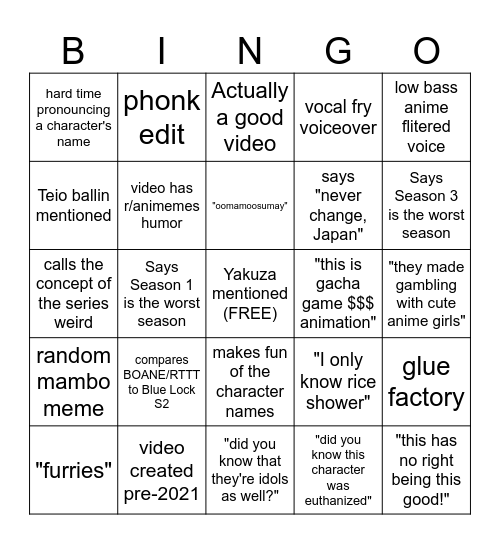 Umamusume Coal Videos BINGO Card