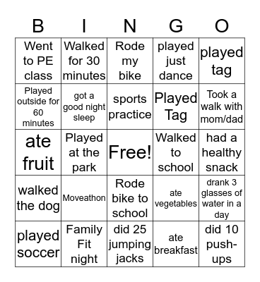 Fitness Bingo Card