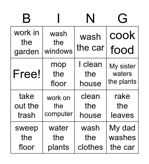 Chores Bingo Card