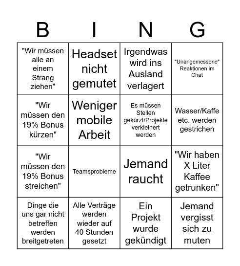 Pessimistisches Projektrunden Bingo Card