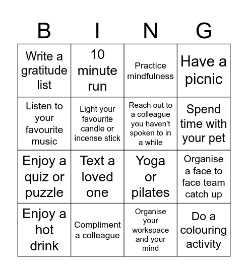Education WFA Wellbeing Bingo Card Bingo Card