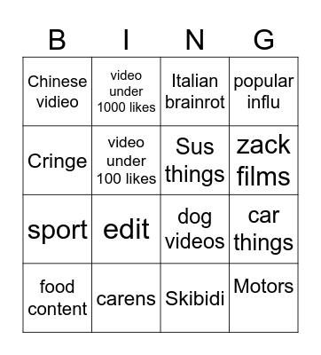 Youtube Bingo Card