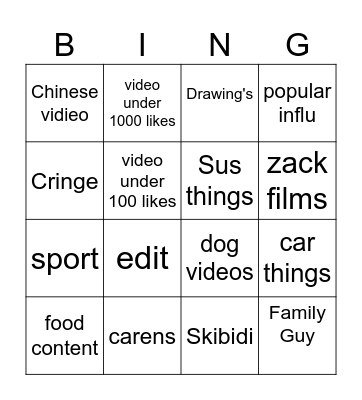Youtube Bingo Card