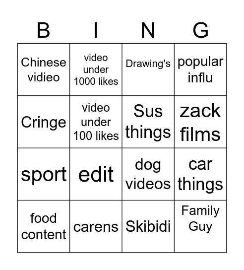 Youtube Bingo Card