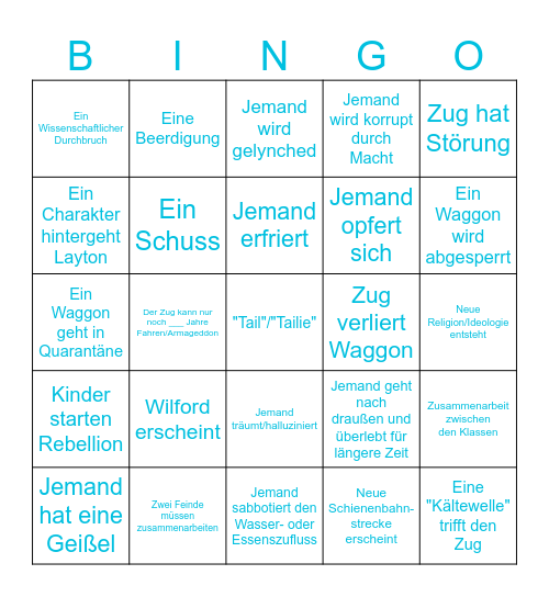 Snowpiercer Bingo Sohpie Bingo Card