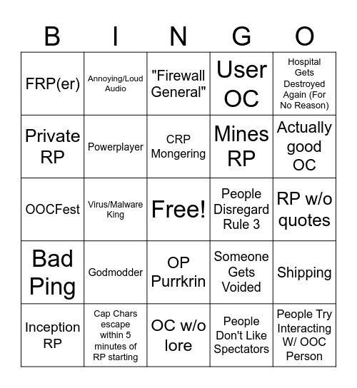 DB:RP Public Server Bingo Card