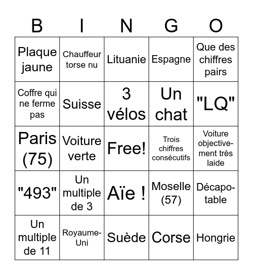 Jeu d'observation en voiture Bingo Card