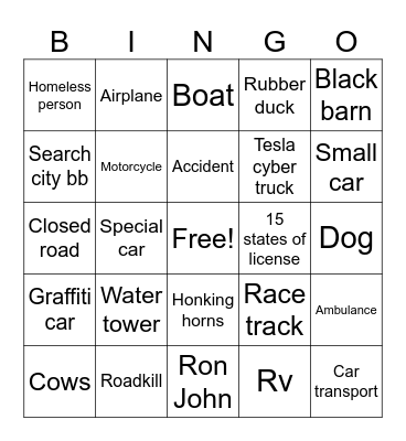 Roadtrip bingo Card