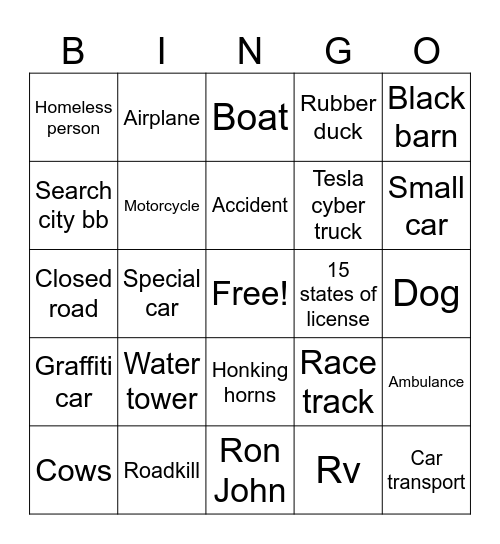 Roadtrip bingo Card