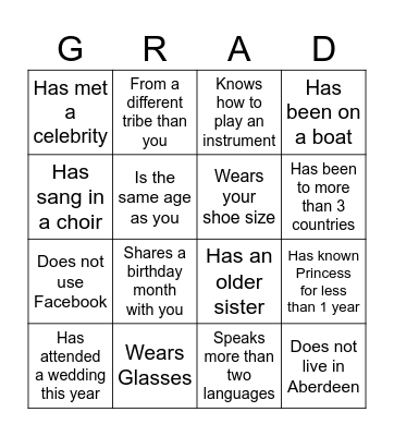 Graduation Party Bingo Card