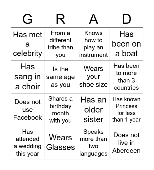 Graduation Party Bingo Card