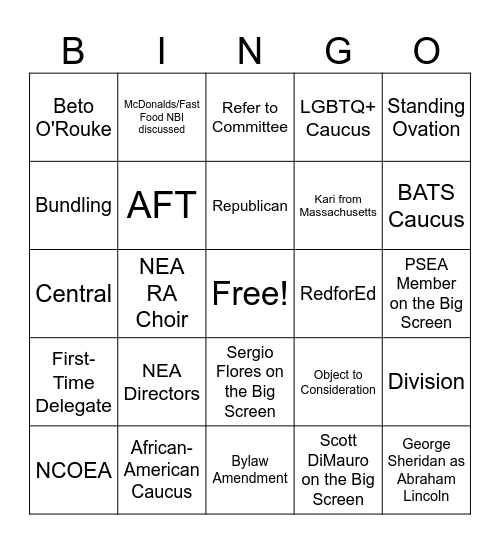 NEA-RA Bingo 8 Bingo Card