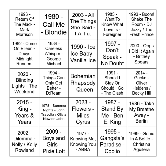 50 Years of Number ones! Bingo Card