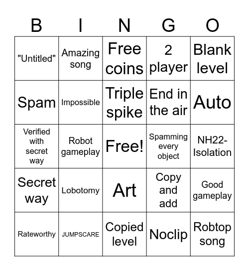 Geometry Dash Bingo Card