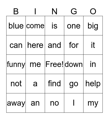 Dolch Words Bingo Card
