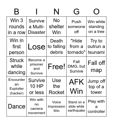 Natural Disaster Survival Bingo Card Bingo Card
