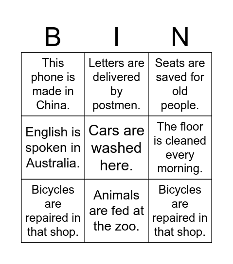 Passive Voice Bingo Card