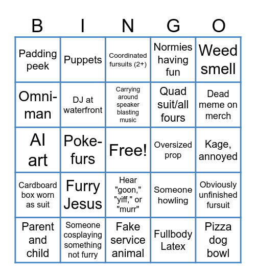 Anthrocon 2025 Bingo Card
