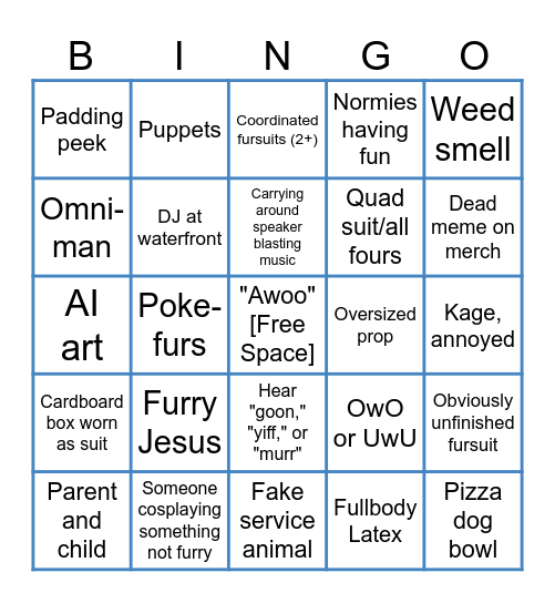 Anthrocon 2025 Bingo Card