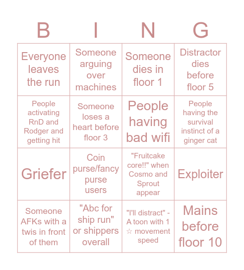 Public run | Dandy's World Bingo Card