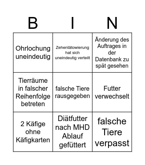 Tierhaus-Fehler-Bingo 1 Bingo Card