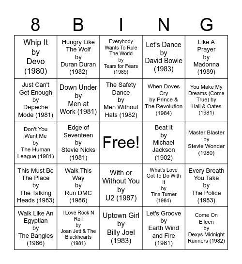 80s Music Bingo- Tucson Music Therapy Bingo Card