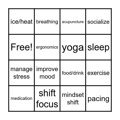 Pain Management Bingo Card