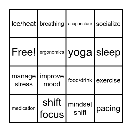 Pain Management Bingo Card