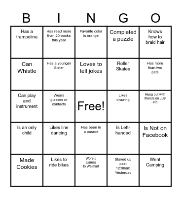 Find A Friend Scavenger Bingo Card
