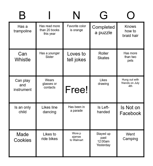 Find A Friend Scavenger Bingo Card