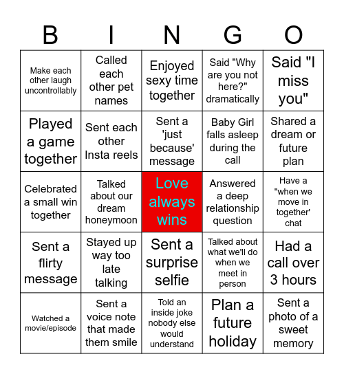 Long Distance Bingo Card