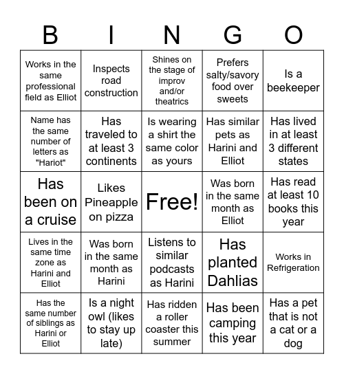 Hariot Bingo Challenge Bingo Card