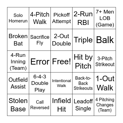 Baseball Bingo Card