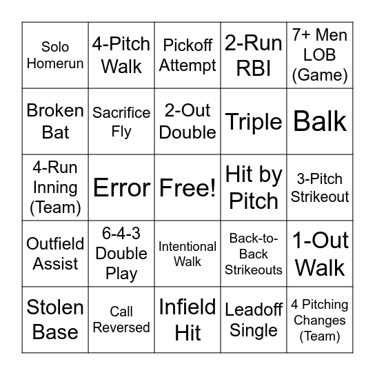 Baseball Bingo Card