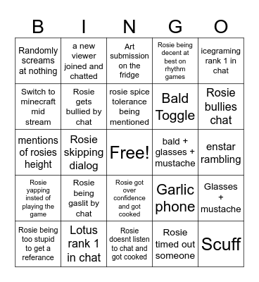 Rosie Stream Bingo Card