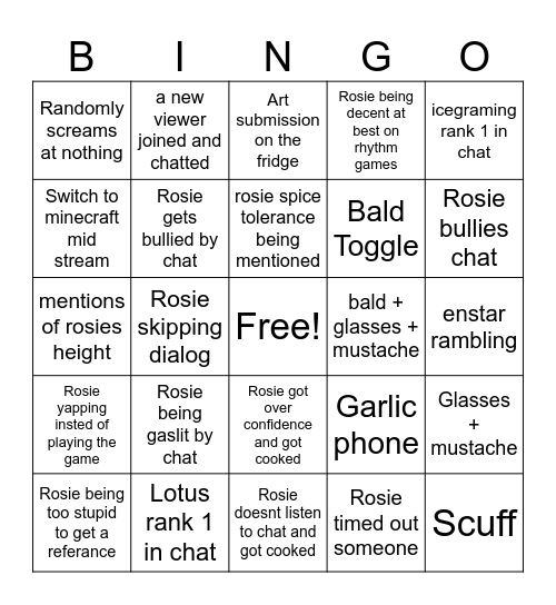 Rosie Stream Bingo Card