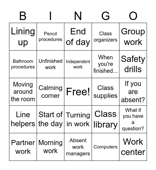 Classroom Procedures! Bingo Card