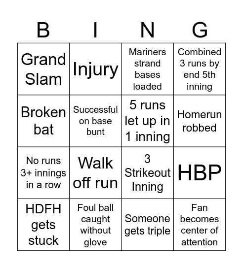 Mariners Bingo Card