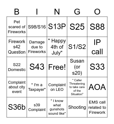 911 Firecracker Bingo Card