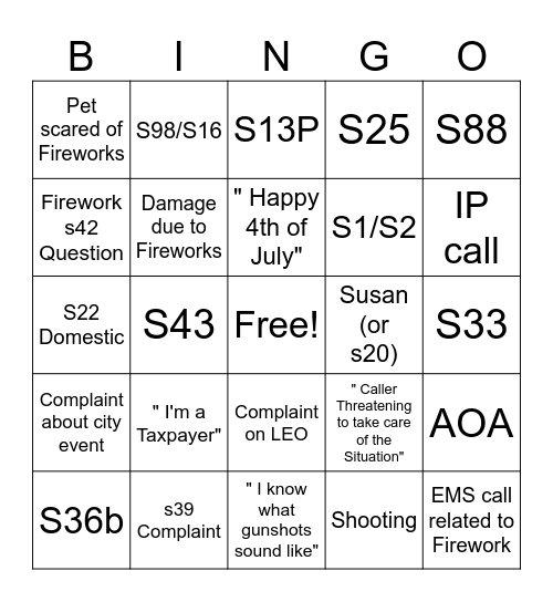 911 Firecracker Bingo Card