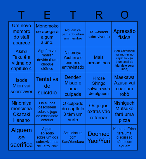 Tetro Danganronpa Blue Predictions Bingo Card