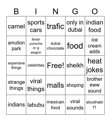 dubai tiktok bingo Card