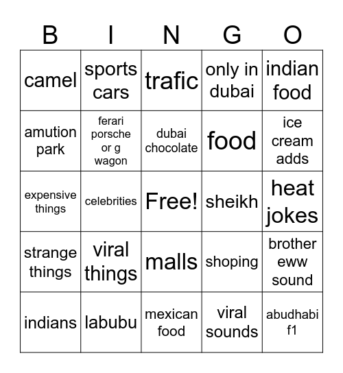 dubai tiktok bingo Card