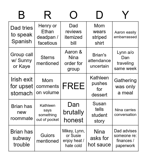 Brody Family Gatherings Bingo Card